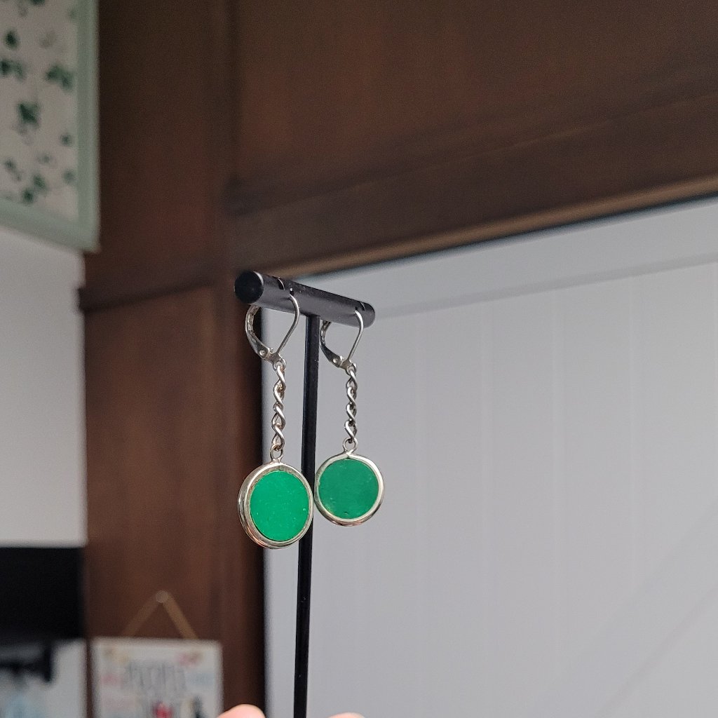 Green Dangle Antique Silver/Bronze Chain Earrings